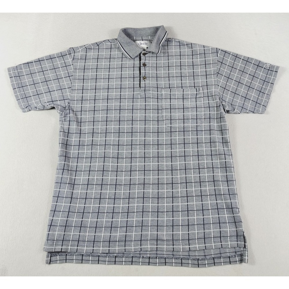 IZOD Polo Shirt Mens Medium Gray Check Pocket Golf Casual Short Sleeve Knit